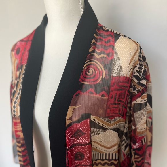 Red and Black Chiffon Topper Cover Up Kimono Duster with fringe - Picture 7 of 7